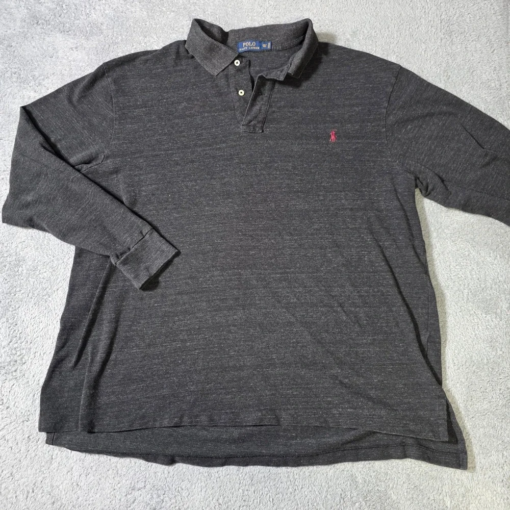 Polo Ralph Lauren Mens 2XLT Polo Shirt Charcoal Grey Long Sleeve Heathered Pony